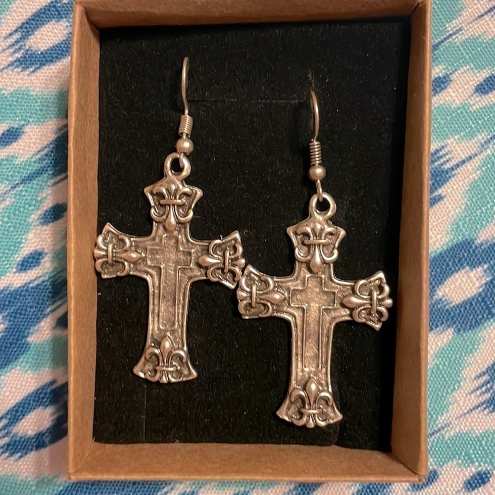 Brand New Hypoallergenic Silver Plated Nickel-Free Ancient Cross Dangle Earrings